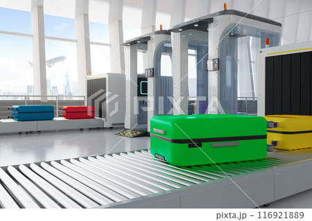 Airport security checkpoint with security gates and scanner machine 116921889
