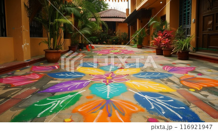 Vibrant Rangoli patterns adorn a courtyard, celebrating Diwali and welcoming prosperity and joy. 116921947