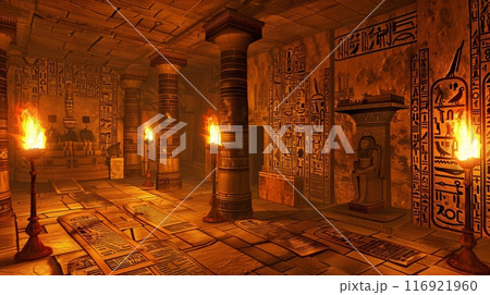 An ancient archive, lit by flickering torches, holds scrolls and artifacts revealing history's secrets. 116921960