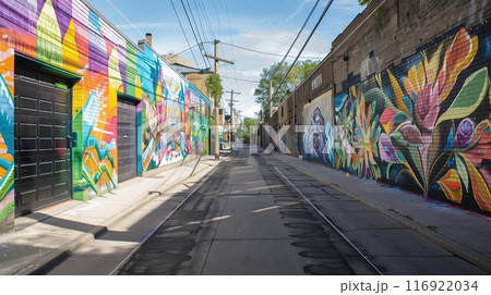 A deserted street with vibrant murals comes alive during the street art festival, showcasing creativity. A deserted street with vibrant murals comes alive during the street art festival, showcasing creativity. 116922034