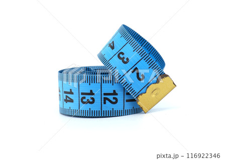 Close-up of a blue measuring tape rolled up on a white background Close-up of a blue measuring tape rolled up on a white background 116922346