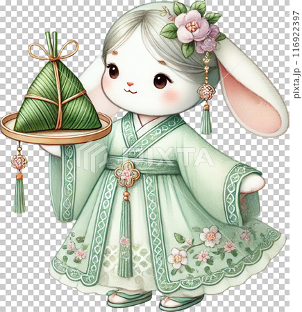 Mid Autumn festival, Cute Bunny in Traditional Attire Holding Zongzi 116922397