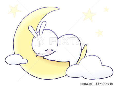三日月の上で眠る白うさぎのイラスト素材 [116922546] - PIXTA