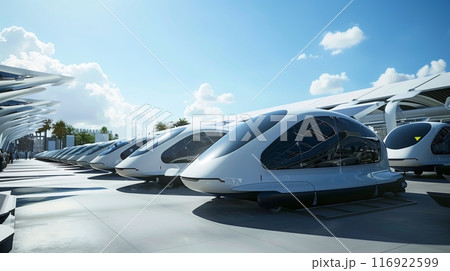 Futuristic solar vehicles are showcased outdoors under a bright sky, attracting many visitors and experts. 116922599