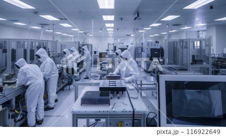 A pristine cleanroom for microelectronics features staff in bunny suits working with silicon wafers and machines. 116922649