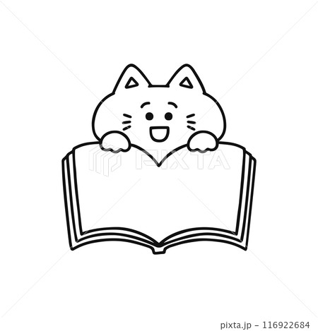 開いた本・ノート・メモ帳を持ったネコ／線画 116922684