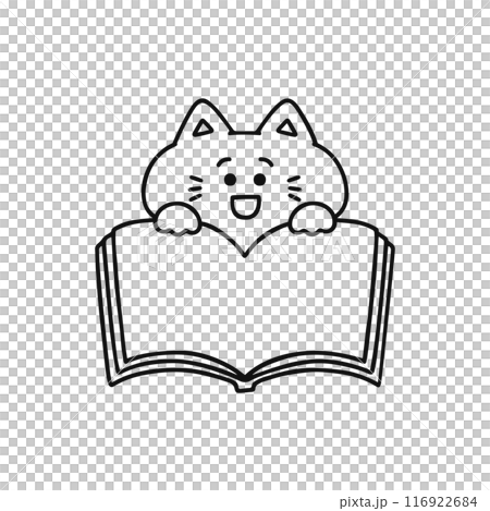 開いた本・ノート・メモ帳を持ったネコ／線画 116922684