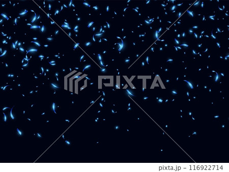 Blue confetti, falling paper ribbons isolated on dark background. Birthday party decoration. 116922714