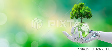 AI robot hand holds a globe crystal glass ball with a growing tree. The concept of the integration of technology and nature, sustainable development in the age of artificial intelligence. 116922814