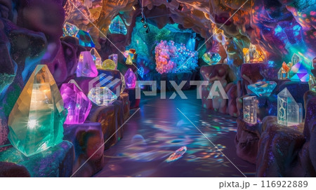 A dazzling gemstone fair in an iridescent cave creates a mesmerizing and enchanting experience for visitors. 116922889