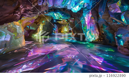 A dazzling gemstone fair in an iridescent cave refracts vibrant jewel tones, captivating visitors. 116922890
