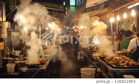 A bustling night market alley teems with food stalls, emitting steam and aromas, showcasing street delights. 116922903