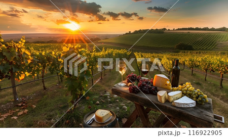 A picturesque vineyard at sunset with rows of grapevines, a rustic table, local wines, cheeses, and fresh fruits. 116922905