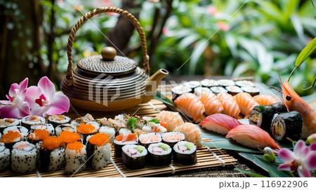 A Japanese tea house garden has sushi and sashimi on a bamboo mat, with plants and serene water features. 116922906