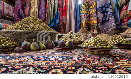 A bustling Turkish bazaar with rugs, olives, figs, and pistachios under vibrant, colorful fabrics. A bustling Turkish bazaar with rugs, olives, figs, and pistachios under vibrant, colorful fabrics. 116922916
