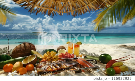 Caribbean beach picnic with exotic fruits, grilled fish, and coconut drinks creates a tropical paradise. 116922923