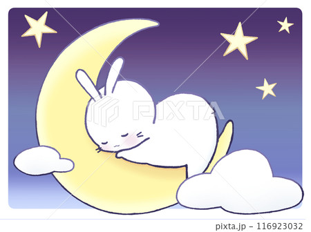 三日月の上で眠る白うさぎのイラスト素材 [116923032] - PIXTA