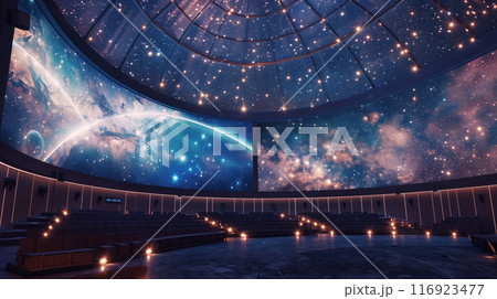 Celestial-themed film fest in observatory with star-lit dome; cosmic films on a large, curved screen. 116923477