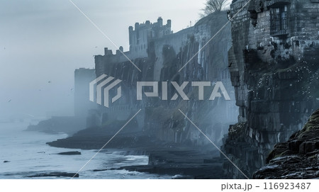 Dramatic coastal cliffs and medieval structures in Edinburgh, shrouded in mist, capture Scotlands charm. 116923487