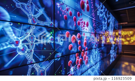A nanotechnology lab with interactive screens shows magnified images of nanobots, offering an immersive experience. 116923509