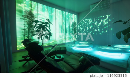 A serene, digitally simulated environment for psychological research with immersive VR and calming light. 116923516
