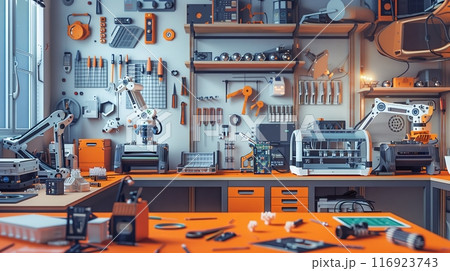 A modern workshop full of intricate machinery, 3D printers, tools, half-built robots, and circuit boards. 116923743