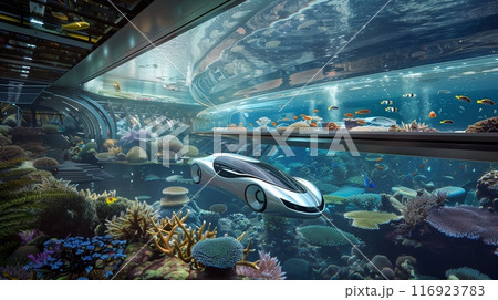 A futuristic exhibit features cars floating in aquariums, surrounded by vibrant marine life and coral reefs. 116923783