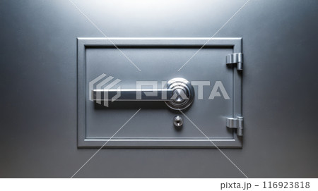 Secure metal safe combination lock for asset protection on dark background, concept of financial security, safeguarding valuables, investment safety 116923818
