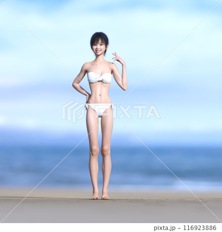3DCG 白い水着の女性 海辺にて 116923886