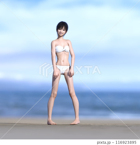 3DCG 白い水着の女性　 海辺にて 116923895