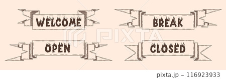 Ribbon banners. Hand drawn retro flag label. Welcome icon. Old line shape or scroll elements. Antique paper frame. Open and close. Engraving lettering. Vector vintage design stickers set 116923933