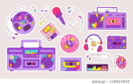 Retro music. Y2K cassette stickers. 90s or 80s tape boombox. Pop disco. Dance party. Musical notes and stereo vaporwave. Audio DJ disc. Girls microphone. Player headset. Vector icons set 116923935