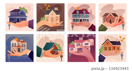 House in hand. Real estate buying. Home key. Rent or mortgage. Rental property. Loan money. Residential building sale. Mansion selling. Apartment financial value. Vector flat icons set House in hand. Real estate buying. Home key. Rent or mortgage. Rental property. Loan money. Residential building sale. Mansion selling. Apartment financial value. Vector flat icons set 116923943