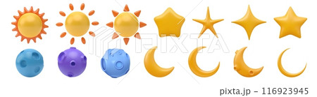 3d sun, moon and star, crescent. Night, day cloud cartoon icons, light shape of nature sky, sunny weather elements. Forecast meteorology objects. Vector simple isolated render cute cartoon set 116923945