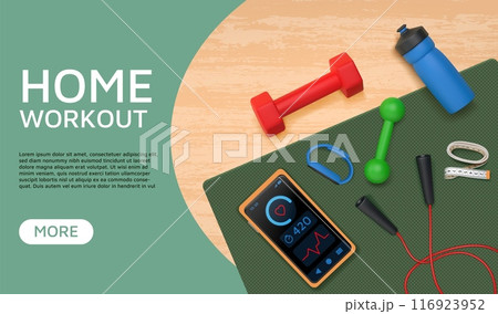 Gym equipment. Home workout. Fit exercises. 3D yoga goods. Top view for smartphone app or website. Fitness training. Slimming application. Dumbbells and smartwatch. Vector background Gym equipment. Home workout. Fit exercises. 3D yoga goods. Top view for smartphone app or website. Fitness training. Slimming application. Dumbbells and smartwatch. Vector background 116923952