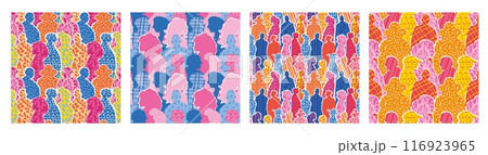 Abstract people. Diverse community. Crowd art pattern or multiethnic culture group collage. Human body shapes. Multicultural persons. Color graffiti graphic. Vector backgrounds set 116923965