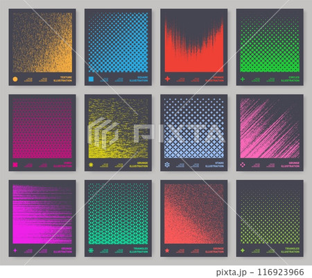 Wave pattern. Abstract gradient background. Curve tech transition for dynamic design. Halftone print. Gradient square shapes. Spray effect. Vector graphic color gradation textures set 116923966