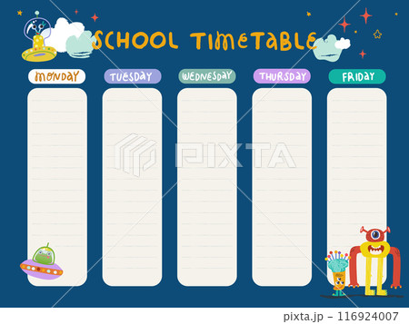 Template for school class schedule with images of flying saucer stars and funny monsters  116924007