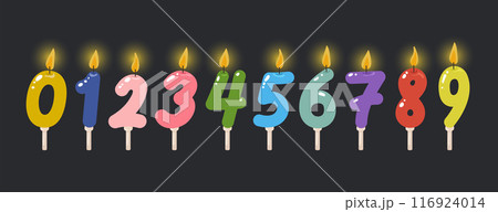 Candles figures for the cake. Colorful festive candles in the form of numbers from 0 to 9 for cake decoration. Vector illustration Candles figures for the cake. Colorful festive candles in the form of numbers from 0 to 9 for cake decoration. Vector illustration 116924014