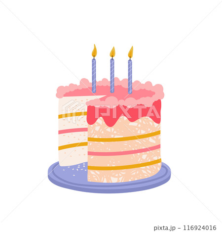 Cake decorated with festive candles on a white background. A cut off piece of birthday cake. Festive mood. Vector illustration 116924016