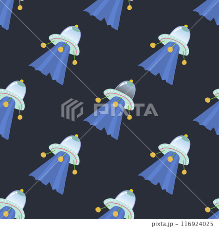 Seamless pattern with Flying Saucers on a blue background, UFO. Vector illustration Seamless pattern with Flying Saucers on a blue background, UFO. Vector illustration 116924025