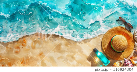 a sun-drenched beach scene painted in watercolor hues of blue, turquoise, and yellow, a straw hat, sunglasses, and sunscreen lay upon the sand, accompanied by scattered seashells a sun-drenched beach scene painted in watercolor hues of blue, turquoise, and yellow, a straw hat, sunglasses, and sunscreen lay upon the sand, accompanied by scattered seashells 116924304