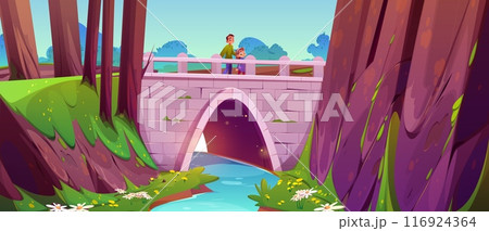 Children walk on stone bridge over river in forest 116924364