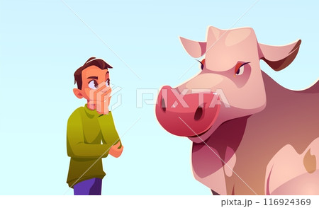 Teen boy with thoughtful face emotion near cow Teen boy with thoughtful face emotion near cow 116924369