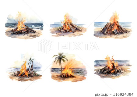 Beach Bonfire Collection Bundle Set Isolated on a Transparent Background 116924394