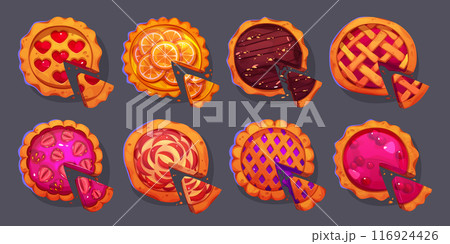 Cut round tart with triangle piece and crumbles. 116924426