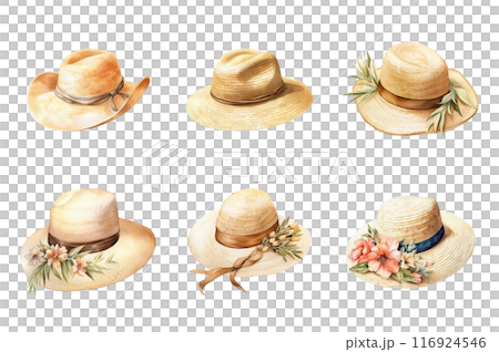 Straw Hat Collection Bundle Set Isolated on a Transparent Background 116924546