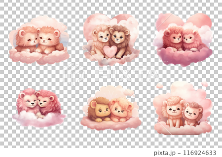 Cute Couple Lion Collection Bundle Set Isolated on a Transparent Background 116924633