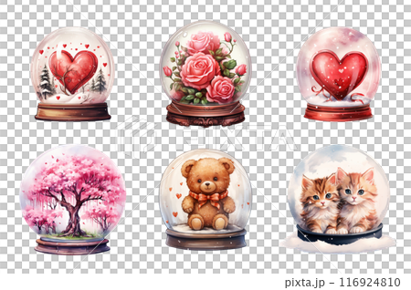 Valentine Snowglobe Collection Bundle Set Isolated on a Transparent Background 116924810