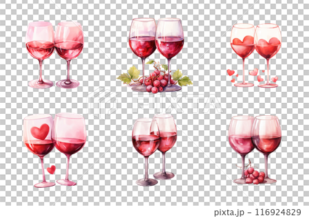 Valentine Wine Glasses Collection Bundle Set Isolated on a Transparent Background 116924829